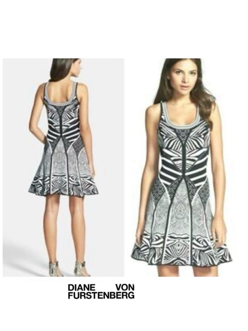 DIANE VON FURSTENBERG Fanny Zebra Print Knit Black White Sleeves Mini Dress Sz M